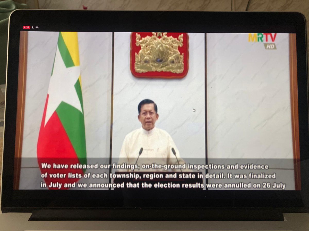 JUST IN: In an ongoing address to the nation, #Myanmar army chief Min Aung Hlaing says current state of emergency is set to end August 2023