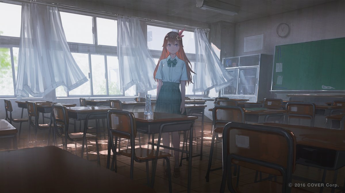 tokino sora 1girl long hair solo classroom brown hair indoors school uniform  illustration images