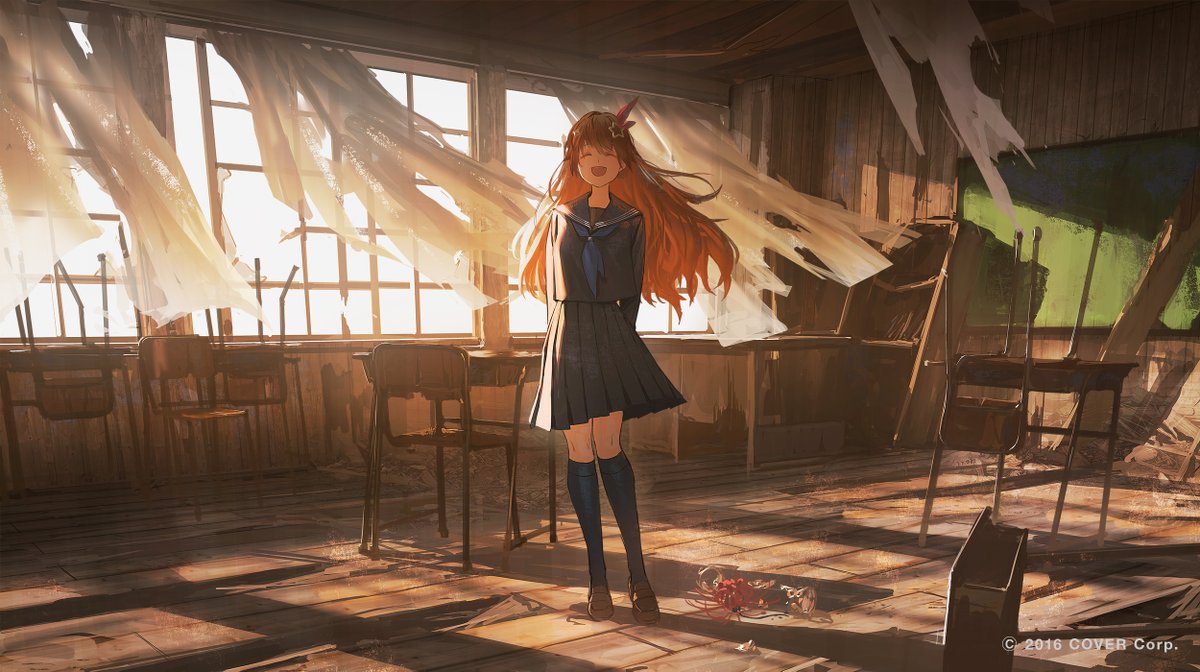 tokino sora 1girl long hair solo classroom brown hair indoors school uniform  illustration images