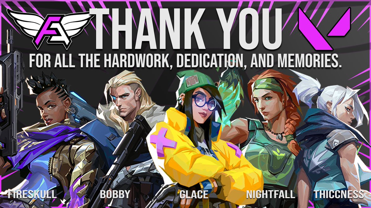 ggFallenAngels's tweet photo. It saddens us to bring you this news but today we had to say farewell to our Valorant team.

@fireskull273 @bobby_spiser_ @GlaceDF @ConnorMacmahon1 and THICCNESS, we thank you for everything you did for the org and we wish you all the best of luck in the future. ♥️

#RiseOnceMore https://t.co/HG1EDWHmG7