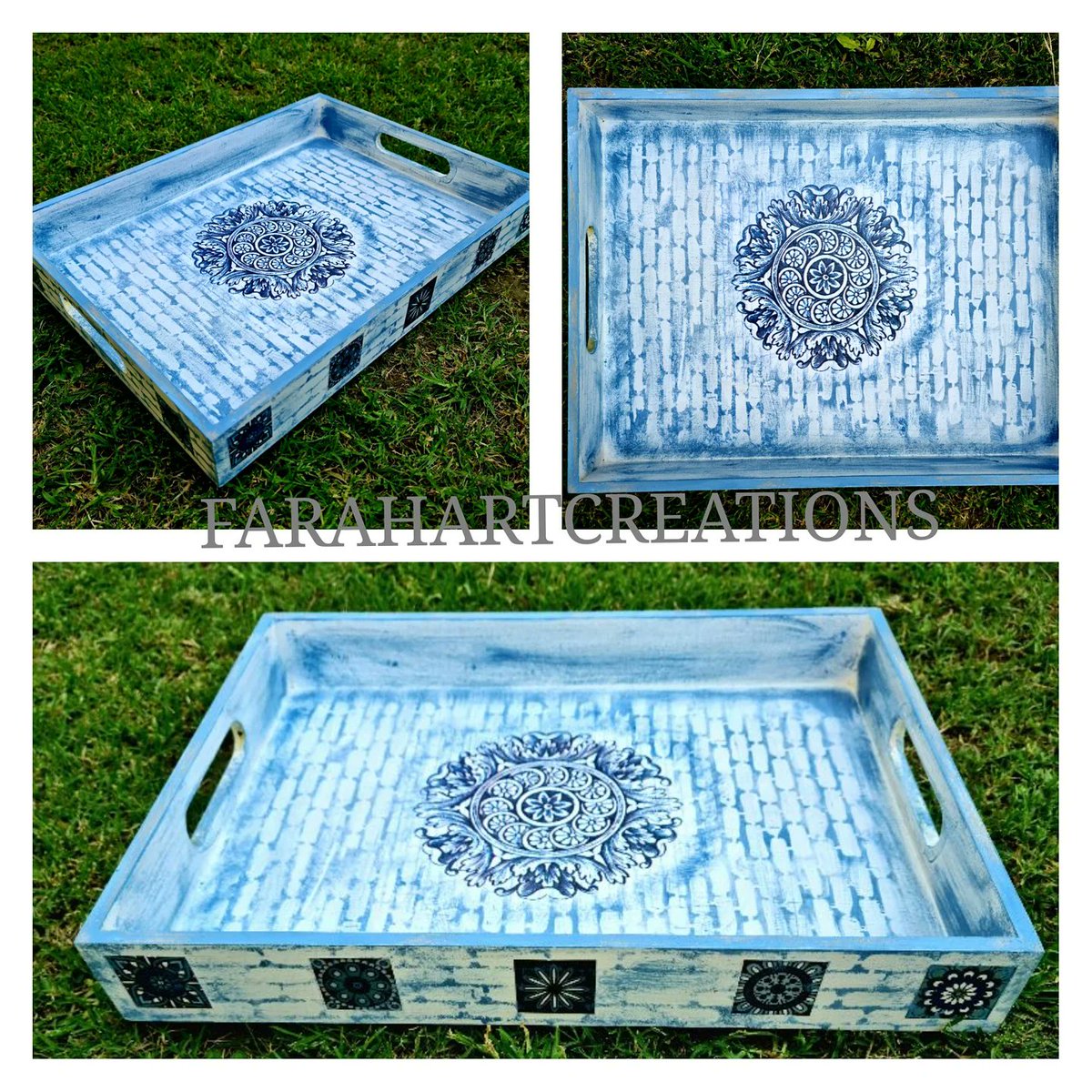 New addition to the range of Handcrafted  trays .
Size 12x9x1.5 inches.
Grab yours immediately. For orders please message directly 
#farahartcreations #trays #handpaintedtrays #customisedgiftsonline #onlinegiftshop #handmadegifts  #homedecor #rakhi #handmade #vocalforlocal