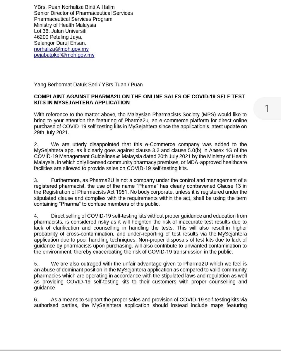 pharmacist_MPS's tweet photo. [COMPLAINT AGAINST PHARMA2U ON THE ONLINE SALES OF COVID-19 SELF TEST KITS IN MYSEJAHTERA APPLICATION]

@KKMPutrajaya
@DrAdhamBaba
@Khairykj
@JKJAVMY
@DGHisham

(1/4) https://t.co/wx3YyCypCg