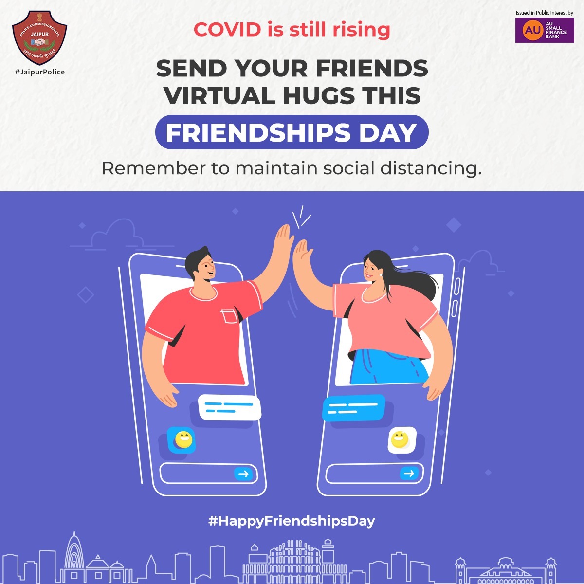 jaipur_police's tweet photo. Real Hugs❌
Virtual Hugs✔️
Celebrate this #FriendshipsDay virtually at your home. COVID-19 is still rising.
#HappyFriendshipDay #FriendshipDay2021 #SocialDistancing #FollowTheGuidelines #JaipurPolice https://t.co/MVD1FUHKn7