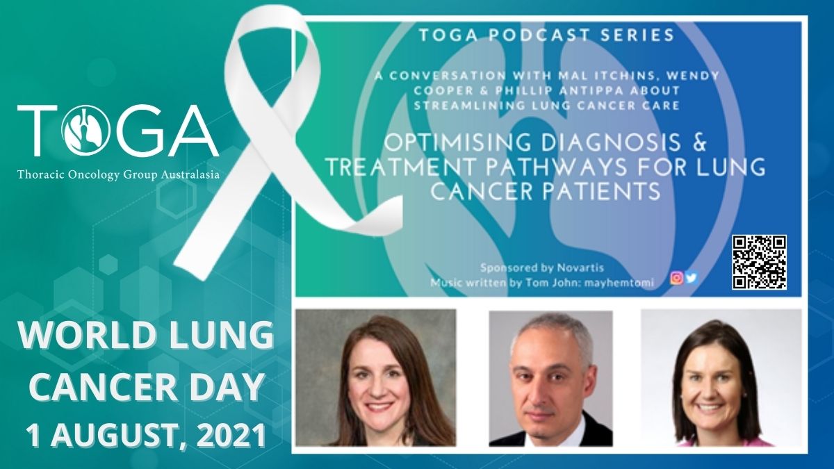 TOGAANZ's tweet photo. On #WorldLungCancerDay hear newly released @TOGAANZ podcast w @Mal_Itchins Medical oncologist Wendy Cooper, Pathologist &amp; Phillip Antippa, cardiothoracic surgeon, discussing balancing optimal time 'til treatment &amp; collecting all available information https://t.co/cxjAR3bPiV #LCSM https://t.co/zuCyC2lQNY