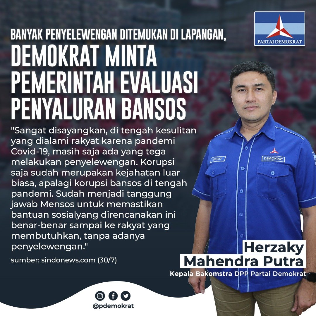 PDemokrat's tweet photo. Banyaknya  penyelewengan yang ditemukan di lapangan, Kepala Bakomstra DPP Partai Demokrat Herzaky Mahendra Putra mendesak pemerintah mengevaluasi penyaluran Bansos.

Berikut kutipannya !! https://t.co/YkbEVf2Deg