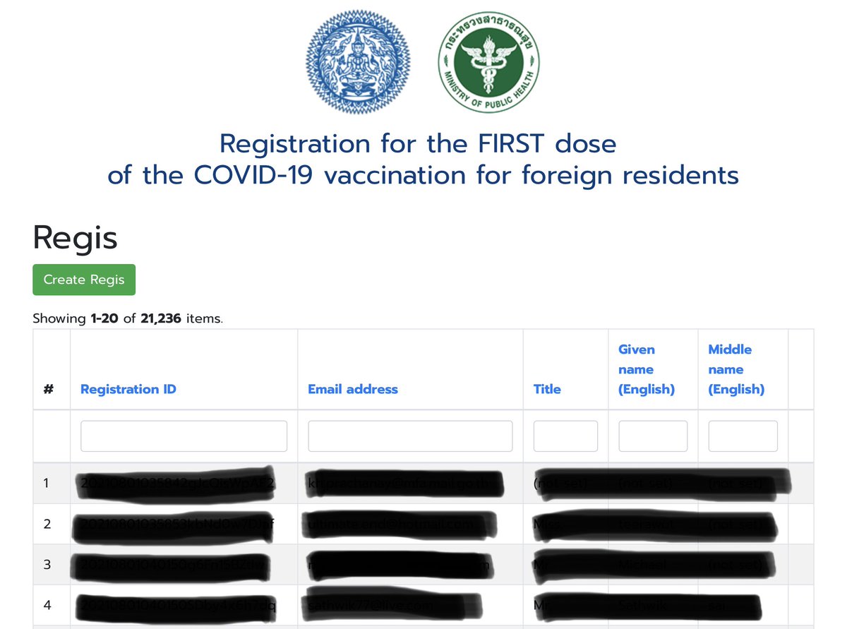 RichardBarrow's tweet photo. ‼️WARNING: If you are using the https://t.co/9Qa8Aizb6T website to register for vaccination, your name and email can be seen by everyone. So far, I can see that 21,236 people have registered #Thailand https://t.co/OnISq4WQ2C