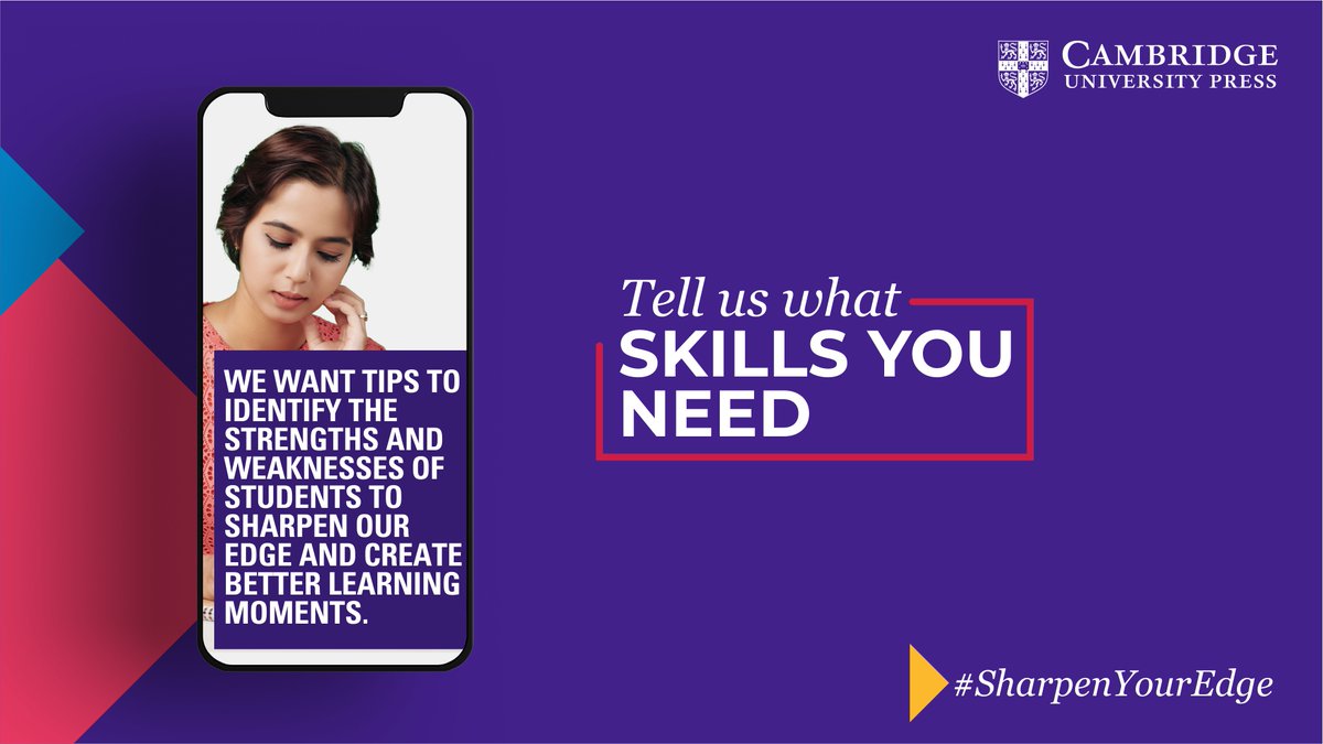 CambridgeSAsia's tweet photo. Let us know what is it that will help you #SharpenYourEdge. Upload a video with you stating what you and the teaching community need. You can also share your ideas by commenting on this post or filling this form: https://t.co/yLARoPWF58
#BetterLearningMoments #OnlineClasses https://t.co/r7YVGSpkj0