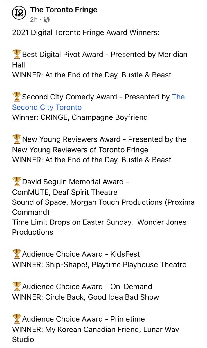 Great news!!!!!

Deaf Spirit Theatre Collective won "David Seguin Memorial Award" at Toronto Fringe Festival 2021!  Our show was called, "ComMUTE"!!! 

On-Demand will extend until August 15th, 2021.  
Toronto Fringe Festival's link: fringetoronto.com

#DeafSpiritTheatre