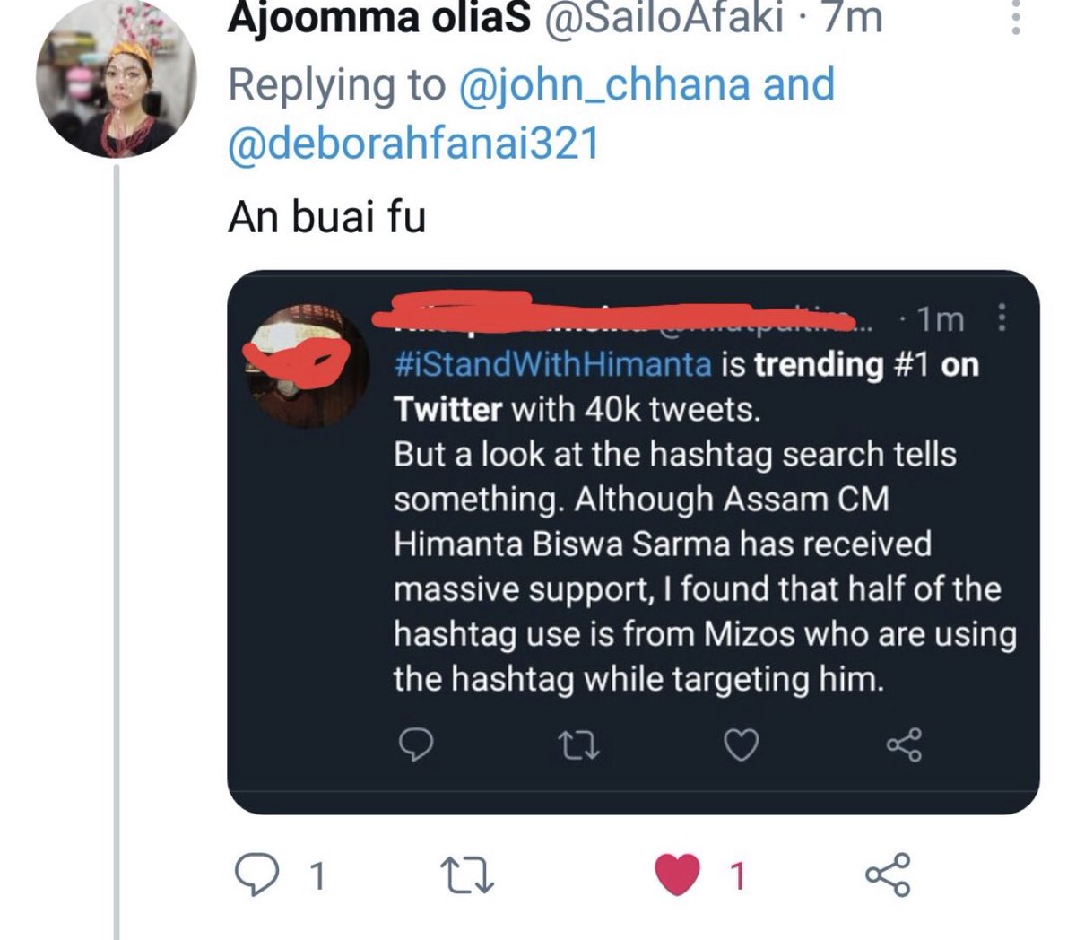 LalremH's tweet photo. It’s a shame we have ti go through this and share #iStandWithHimanta . Our hastags were removed, #Mizoram was blocked. This alone is good enough to realise how corrupted our media works. #mizoramspeaksout your rights and opinions were strictly restricted. it’s a shame. https://t.co/pg1IAVehAp