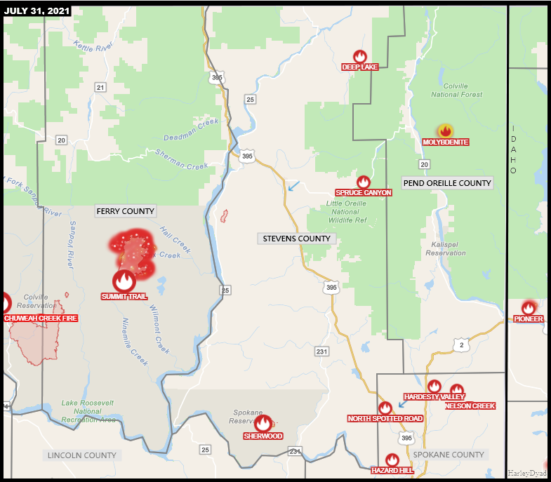 EWFIREANDHAZARD's tweet photo. Northeast Washington #Wildfires
July 31, 2021
#DeepLakeFire
#HazardHillFire
#HardestyValleyFire
#MolybdeniteFIre
#NelsonCreekFire
#SherwoodFire
#SpruceCanyonFire
#SummitTrailFire
#PioneerFire (Idaho- Approx 3.96 miles east of Washington border)
Details: https://t.co/smlN06WTf7 https://t.co/yZQEJBXHbX