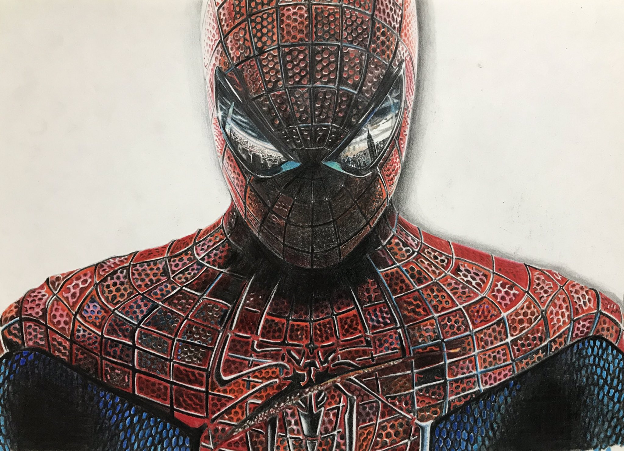 Taka アメイジングスパイダーマン模写 おかげさまで 100いいね越えました 記念と言っちゃなんですが 当時のメイキングでも載せておこうかなと思います この絵は背景だけコピックの黒を使いました アメイジングスパイダーマン 模写 色鉛筆