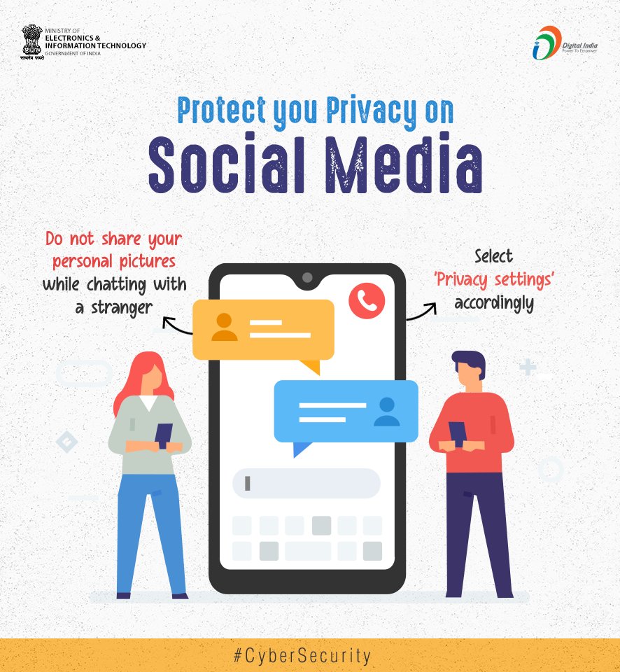 _DigitalIndia's tweet photo. #CyberSecurity | Ensure that your personal information, photos &amp; videos posted on social media are accessible only to your trusted ones. Select 'Privacy settings' accordingly. These pictures can be used by potential fraudsters. Be #cybersafe! https://t.co/1pD7cTRxmi