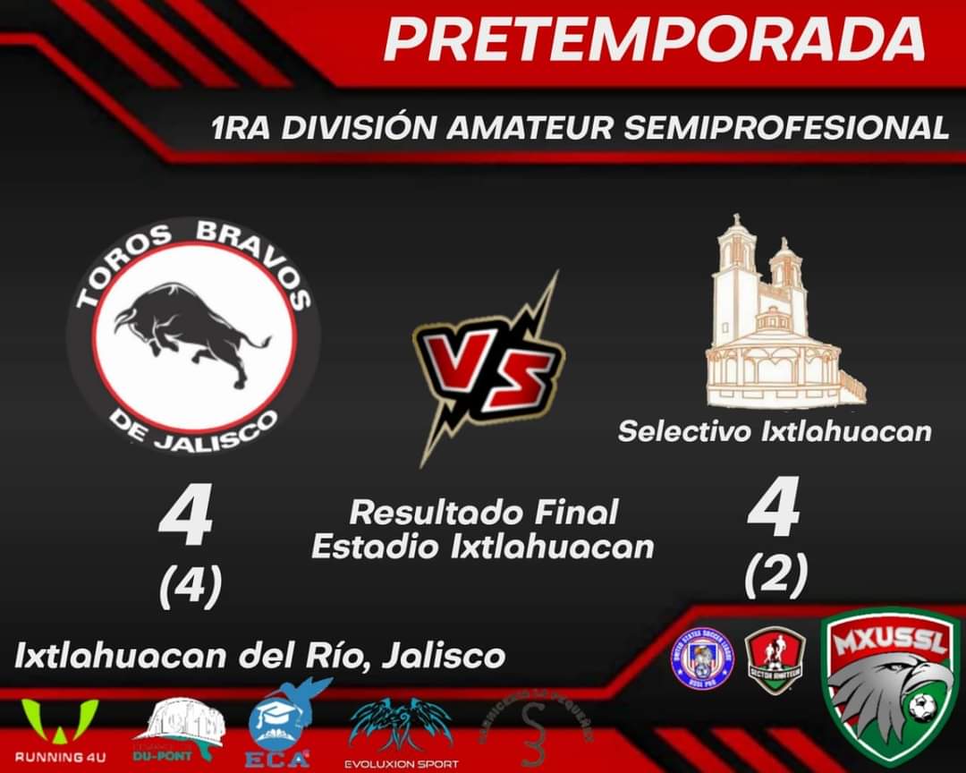 mxussl's tweet photo. Toros Bravos de Jalisco vence 4-2 al Selectivo Ixtlahuacan en tanda de penales en el partido inaugural y presentandose en el estadio donde jugará el Torneo de Apertura MXUSSL.

Sigue apoyando a tu equipo TOROS BRAVOS DE JALISCO.

@mxussl @torosbravosdejalisco https://t.co/p0BxBBZU04