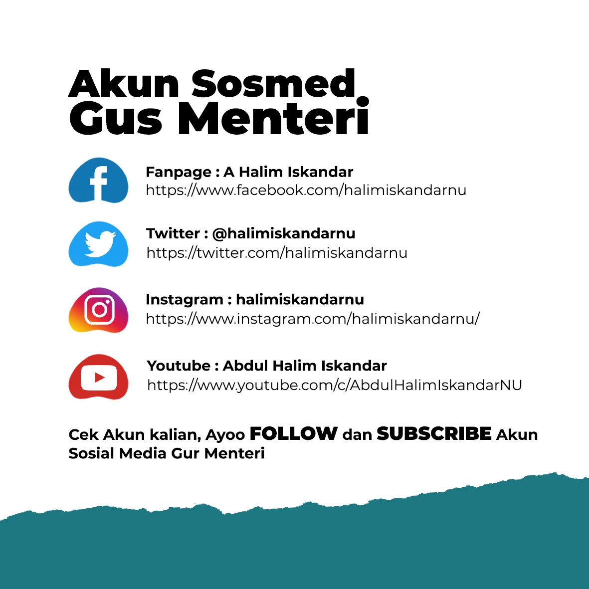 Sobat <a href="/tppkemendes/">TPP KEMENDES</a> @kemendespdtt semuanya, jgn lp Follow/Ikuti Akun Sosal Media Gus Menteri <a href="/halimiskandarnu/">ABDUL HALIM ISKANDAR</a> ya... tks