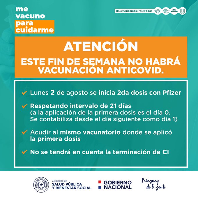 ¡Buen día! | Domingo 01 de agosto, no habrá vacunación anticovid.

✅ Lunes 02 de agosto se inicia segunda dosis con #Pfizer

✅ Según el arribo de nuevas vacunas de #AstraZeneca, se comunicará cómo seguirá el plan de aplicación.