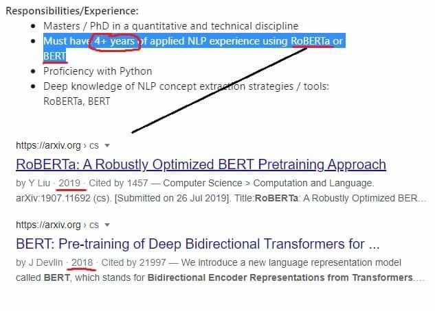 deliprao's tweet image. “Must have 4+ years of applied NLP experience using RoBERTa or BERT” — #nlproc jobs as seen on LinkedIn