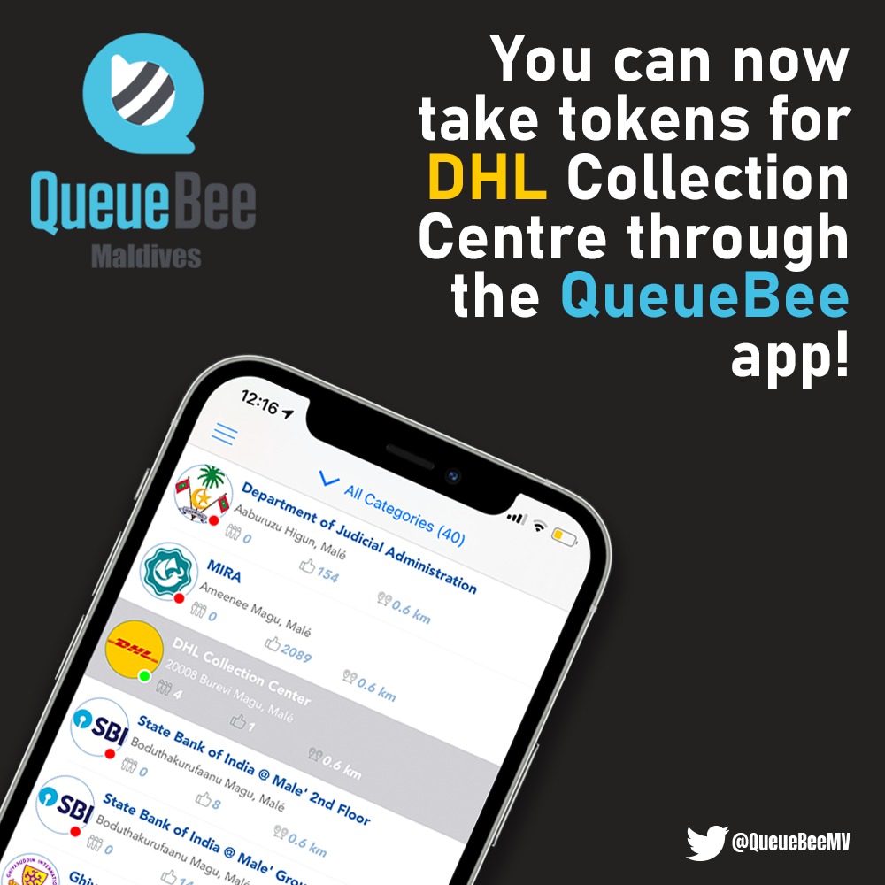 QueuebeeMV's tweet image. You can now take tokens for DHL Collection Centre through the QueueBee app.

Contact us for more information:
Telephone: +960 3300097
Email: sales@astech-maldives.com