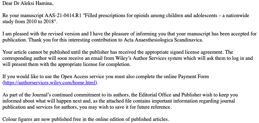 The first paper collaborating with Norweigan partners has got accepted by Acta Anaesthesiologica Scandinavica. Congratulations to the team. I look forward to meeting you in Oslo this October.
#opioids #pediatrics #POINT
<a href="/PharmacyDUPP/">Pharmacy DUPP</a> <a href="/UoMPharmaOpt/">UoM Pharmacy and Optometry Manchester</a> <a href="/EvidenceSN/">Evidence Synthesis Network</a> 
<a href="/LiChiaChen/">Li-Chia Chen</a>