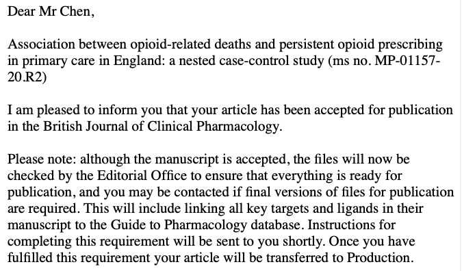 Congratulation to Dr Teng-Chou Chen! The two major papers of his PhD research has been accepted recently, one of which is accepted by BJCP.
#opioids #persistentopioids
<a href="/PharmacyDUPP/">Pharmacy DUPP</a> <a href="/UoMPharmaOpt/">UoM Pharmacy and Optometry Manchester</a> <a href="/FBMH_UoM/">UoM Biology, Medicine and Health</a> <a href="/EvidenceSN/">Evidence Synthesis Network</a> @PSTRC_GM <a href="/LiChiaChen/">Li-Chia Chen</a> <a href="/teng_chou/">Teng-Chou Chen</a>