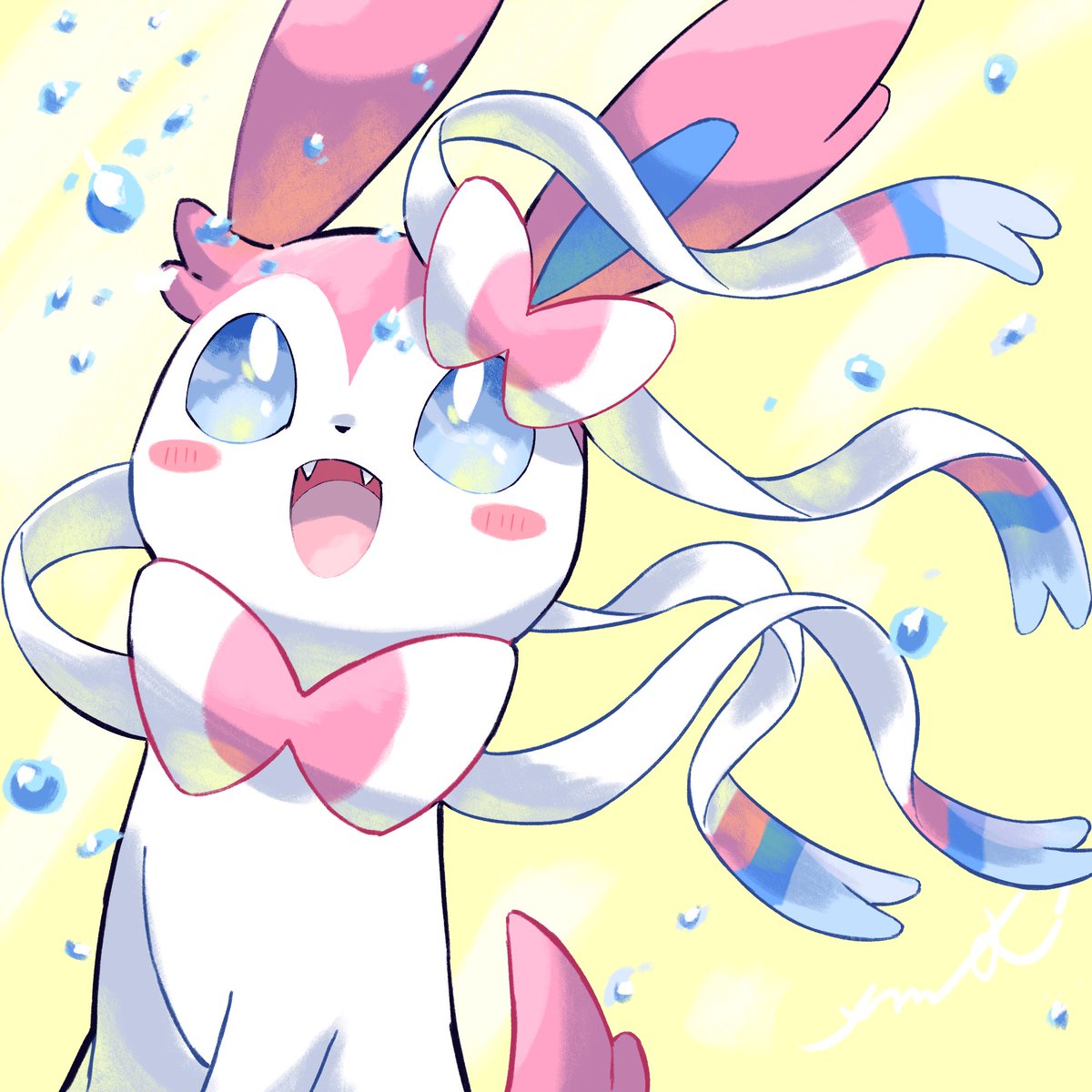 sylveon no humans pokemon (creature) open mouth fangs solo blue eyes tongue  illustration images