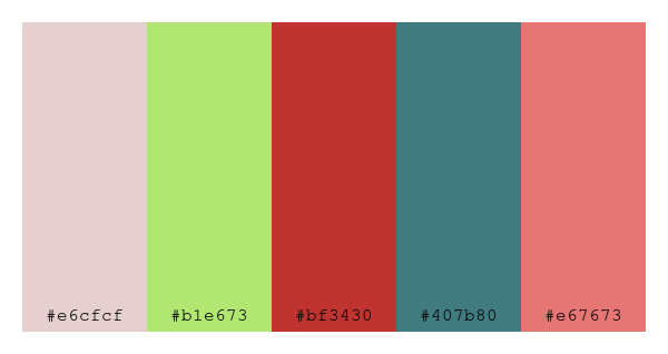 ColPaletteBot's tweet photo. Beep beep, here's a pretty color palette for you!
color-scheme.js parameters used:
- hue: 2
- variation: pastel
- colors: #e6cfcf, #b1e673, #bf3430, #407b80, #e67673
Have a lovely day!
#twitterbot #colorpalette #colors #palette #prettycolors https://t.co/I6RoKzxA1u