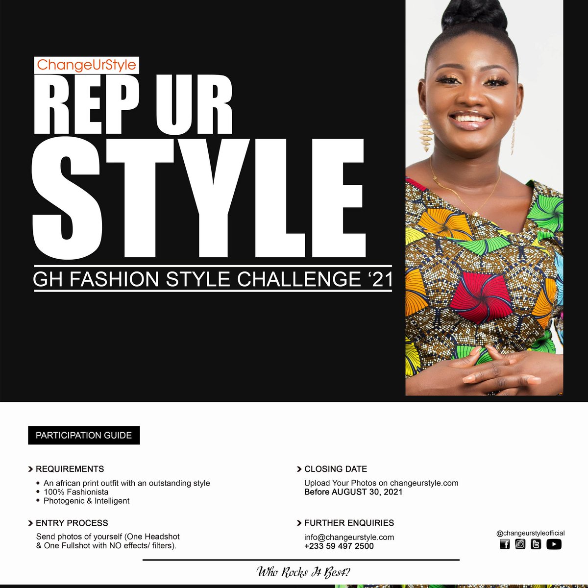 changeurstylegh's tweet photo. Are you a fashionista? Can you flaunt your best style with pride? Are you photogenic &amp; intelligent? Join Rep Ur Style - A Fashion Style Challenge 2021.
#repurstyle #repurstylegh #changeurstyleofficial #changeurstyle #fashionstyle #photochallenge #ghfashion #styledefinesorigin https://t.co/K8keTikb1i