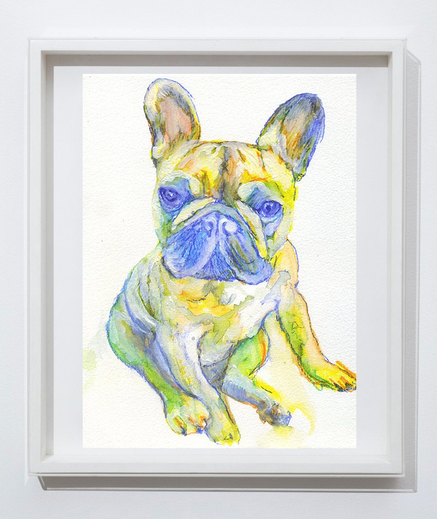 French bulldog puppy watercolor  wall art print Blue and yellow french bulldog print oscarjetson.com/products/frenc… #art #painting #decor