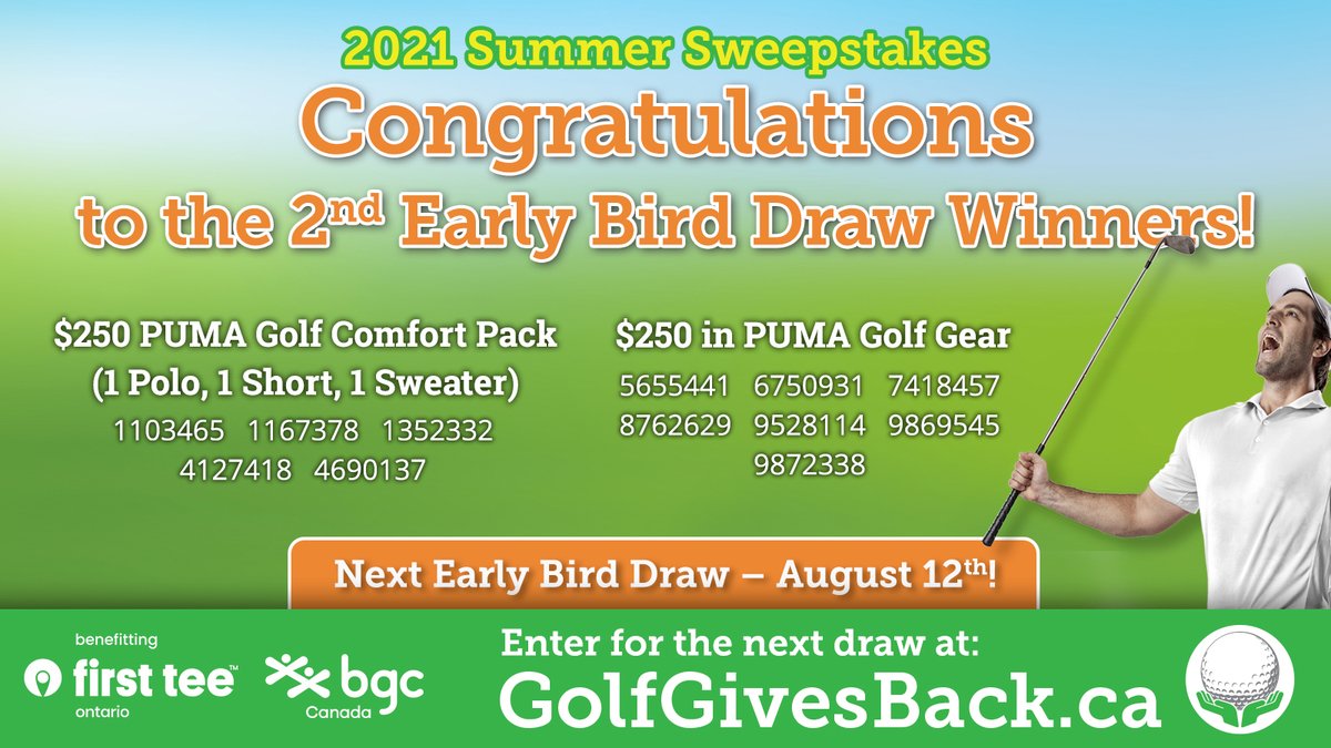 Here are the winning tickets for the 2nd Early Bird Draw!!  Thanks to <a href="/PUMAGolf/">PUMA Golf</a> for the amazing prize packs!  Don't miss your chance for the next draw, coming up on August 12th!  Donate today and help get First Tee Programming to the <a href="/BGC/">bgc</a> Centres!