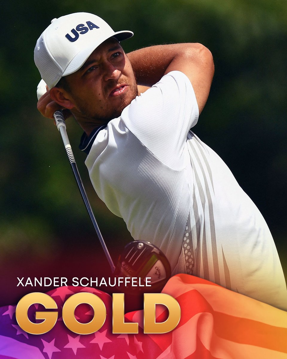 NBCOlympics's tweet photo. American. Olympian. CHAMPION. 🥇 

@TeamUSA's @XSchauffele wins GOLD at the #TokyoOlympics. 🇺🇸 https://t.co/WBmTCX8ImE
