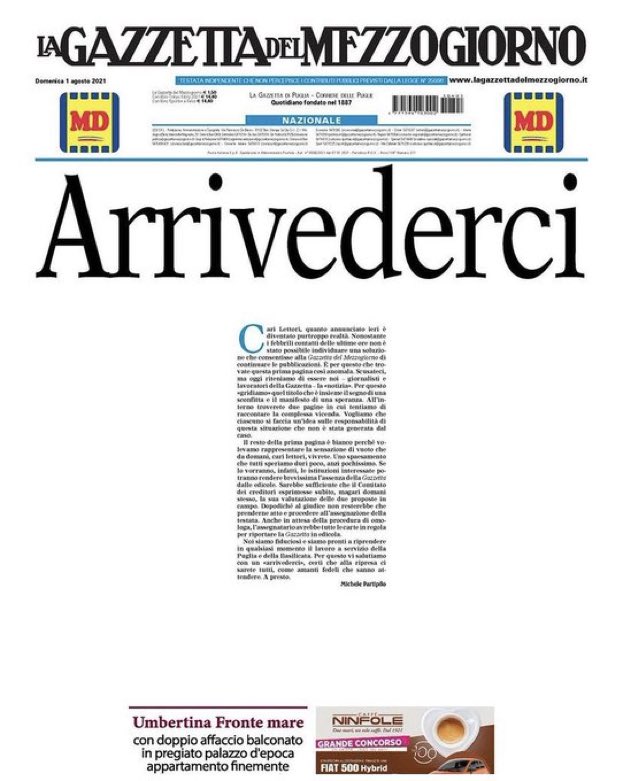 È ben triste assistere all’agonia di un giornale. Tanto più se è quello della tua città e della tua terra. Quando una testata (i una sigla editoriale) tramonta non c’è guadagno per alcuno. Il panorama si impoverisce e basta. Pur con poca speranza, i migliori auguri alla GdM