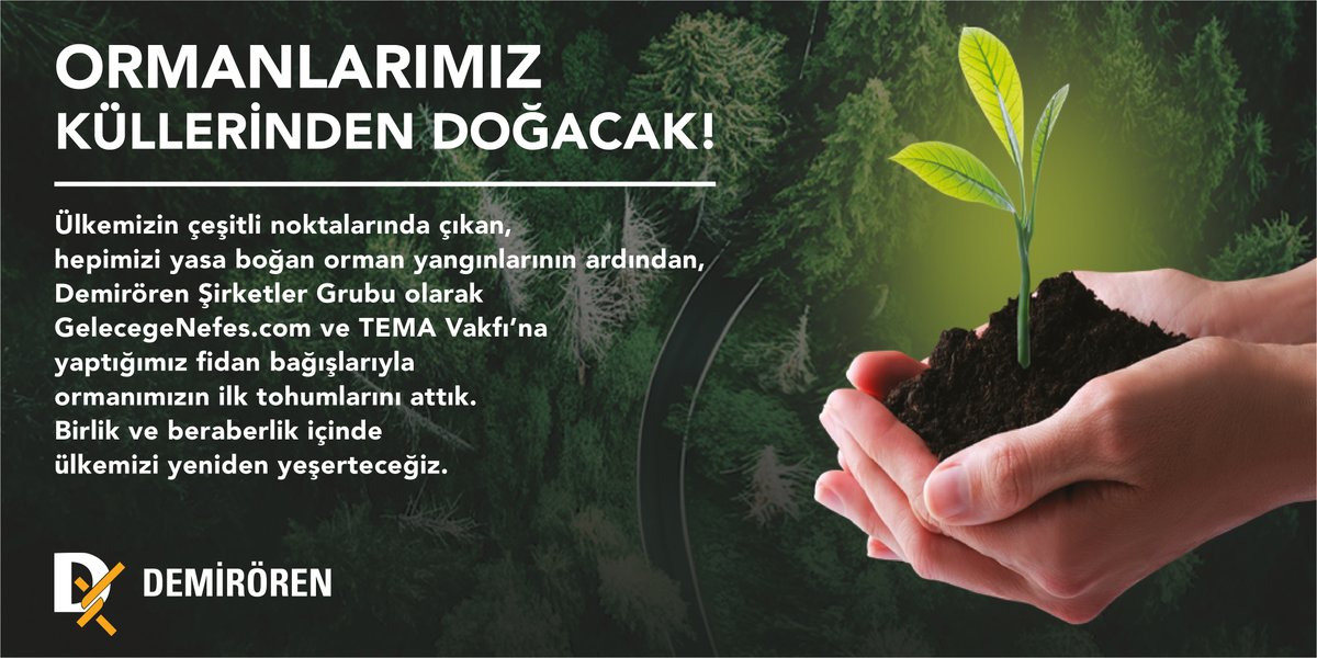 Hurriyet's tweet photo. Ülkemizin çeşitli noktalarında çıkan, hepimizi yasa boğan orman yangınlarının ardından, Demirören Şirketler Grubu olarak https://t.co/viZwutIQJ8 ve TEMA Vakfı’na yaptığımız fidan bağışlarıyla ormanımızın ilk tohumlarını attık. Birlik ve beraberlikle ülkemizi yeniden yeşerteceğiz. https://t.co/F1wuPEZxcL