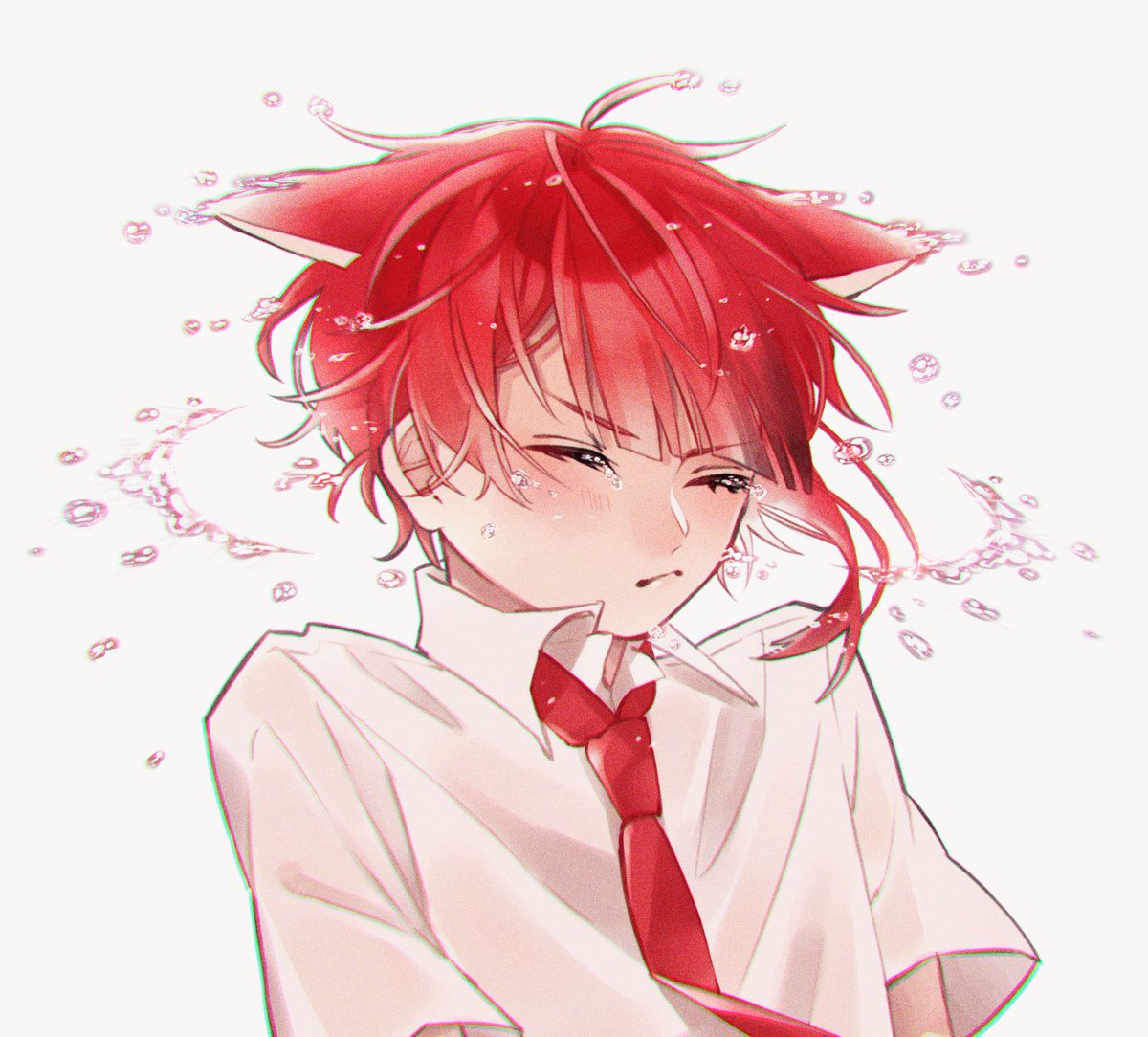 1boy animal ears male focus necktie red hair solo closed eyes  illustration images