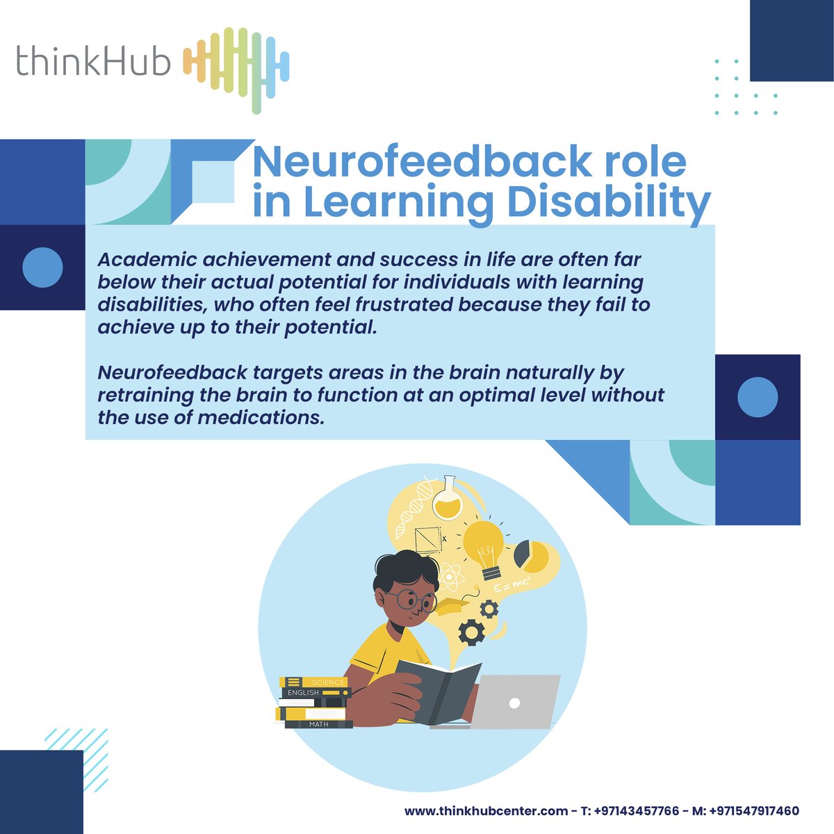 ThinkHubCenter's tweet photo. Neurofeedback role in Learning Disability
https://t.co/AEQ07YmMyp
Reach us at the Think Hub Center T: +971-4-345-7766. We are here to help you.
#thinkhub #mindability #neurofeedback #brain #mentalpower #memory #dubai #brainhealth #neuroscience #braintraining #biofeedback https://t.co/dPLRkN5Ntk