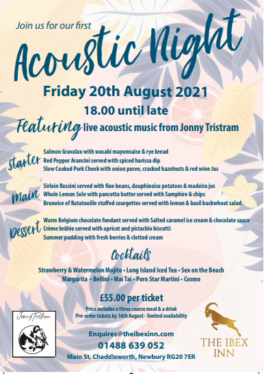 LIVE MUSIC + GOOD FOOD+ COCKTAILS = GREAT NIGHT😍👌

****VERY LIMITED TICKETS AVAILABLE ****

Book now  via Email: Nathan@theibexinn.com with your Pre-order by 16th of Aug