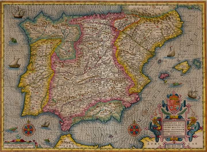 La península ibérica en 1619, mapa de Petrus Kaerius y de Henricus Hondius.