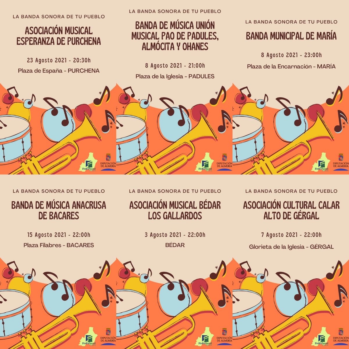 Empezamos agosto y bajo el lema de "La Banda Sonora de tu Pueblo" con la colaboración de #federband y la <a href="/dipalme_almeria/">Diputación Almería</a> nuestras Bandas siguen organizando conciertos durante este verano para promover la #cultura  de una forma segura.
¡No os lo perdáis! 🎺🎶🎷

#almeria #bandas