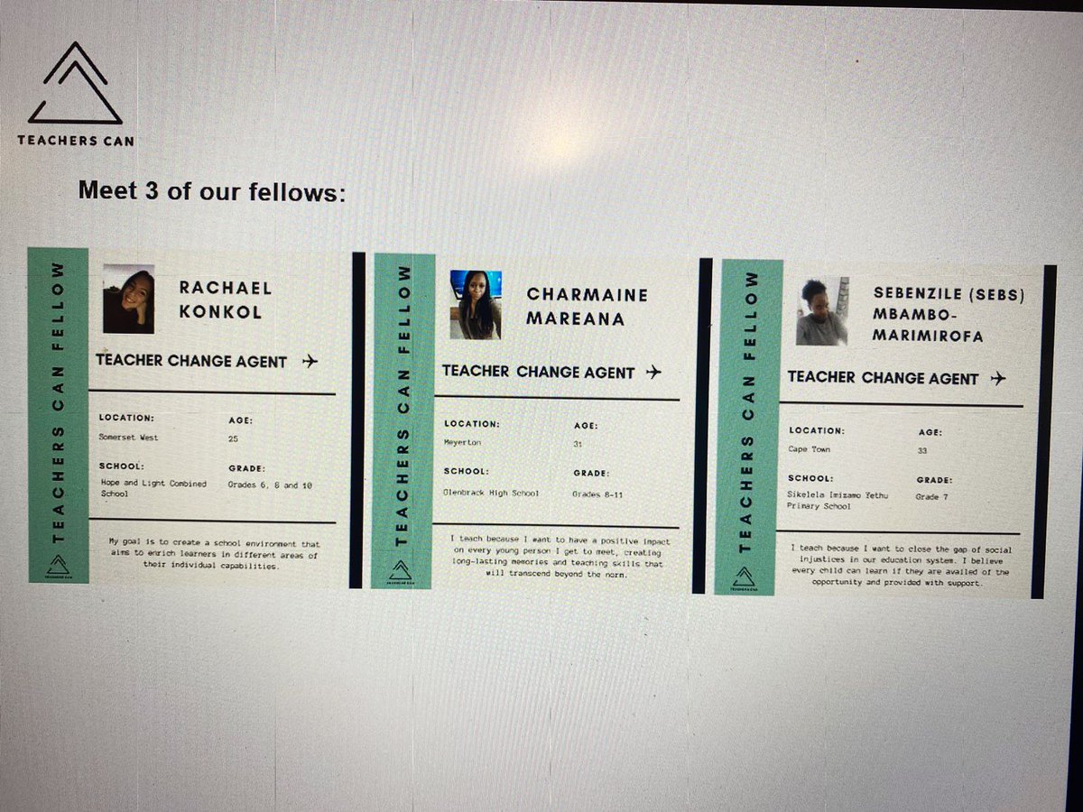 TeachersCANza's tweet photo. 2021 @TeachersCANza fellows are representing at the @JGFellowship's #DisruptSummit!

Rachael Konkol, Charmaine Mareana &amp; Sebenzile Mbambo-Marimirofa are 3 of the 19 fellows this year! 

Inspiring and brilliant as ever! ✨

#TeachersCAN #ShiningTheLight #EdTech #DisruptEducation https://t.co/AfNujOTJU3