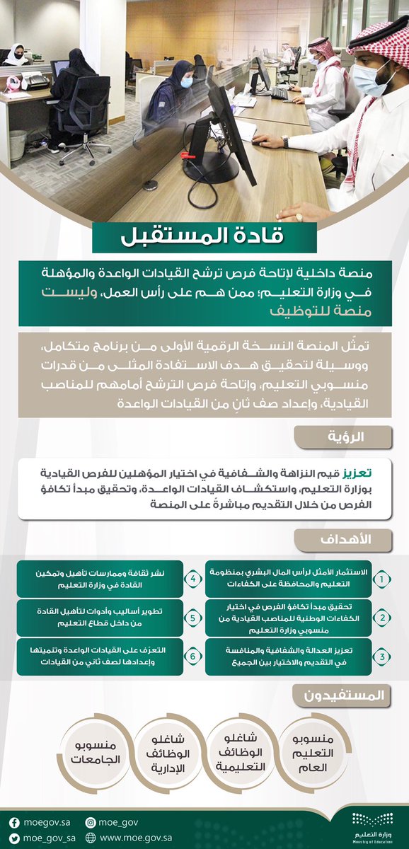 #قادة_المستقبل:
منصة داخلية لترشيح القيادات الواعدة والمؤهلة في #وزارة_التعليم، وتمثّل النسخة الرقمية الأولى من برنامج متكامل، ووسيلة لتحقيق هدف الاستفادة المثلى من قدرات منسوبي التعليم، وإتاحة فرص الترشح أمامهم للمناصب القيادية، وإعداد صف ثانٍ من القيادات.