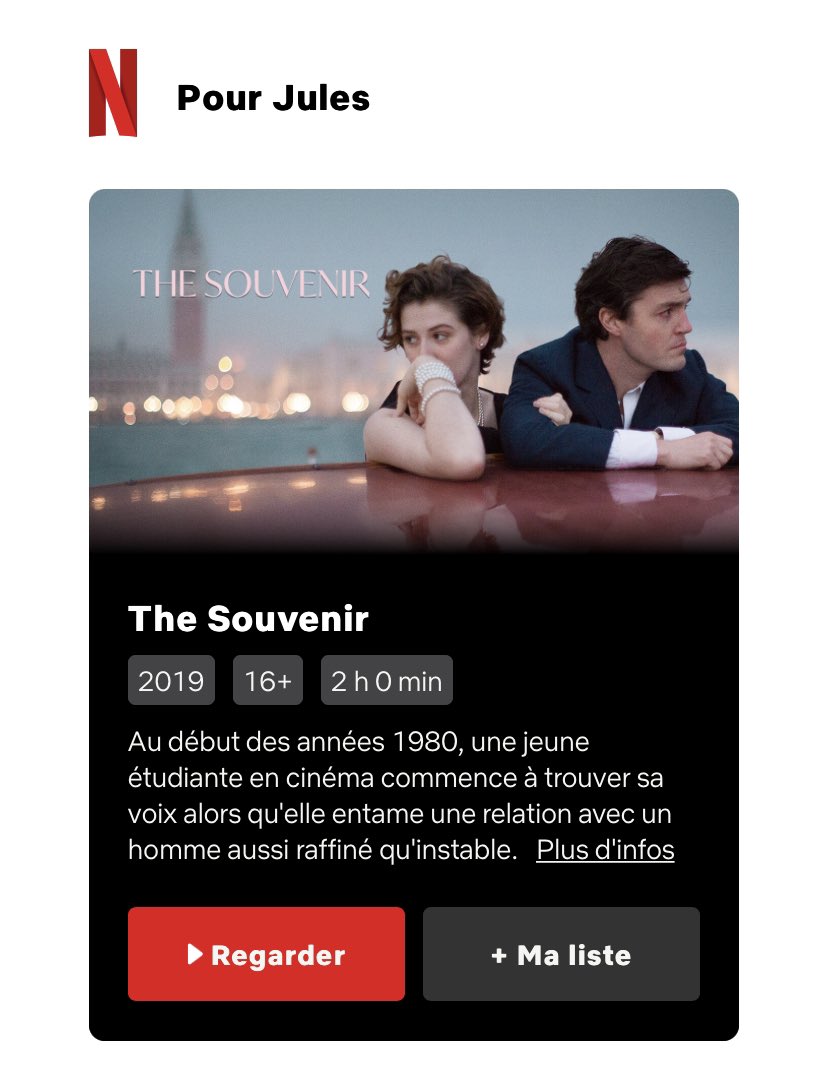 « The Souvenir » de Joanna Hogg est bien disponible sur @NetflixFR.

Premier film A24 à obtenir une suite, son deuxième volet, toujours avec Tilda Swinton, faisait partie de la #Quinzaine2021.