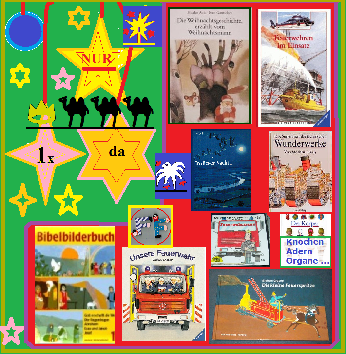 Nikolausstiefel, gefüllt mit Büchern. Sterne, Kamele + Feuerwerk