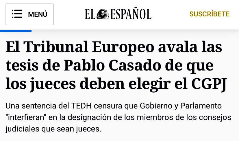 pablocasado_'s tweet photo. El Tribunal Europeo también avala nuestra posición para que los jueces elijan a los jueces.

Sánchez debe dejar de bloquear la renovación del CGPJ y cumplir con la Constitución y los estándares europeos.

Si sacan las manos de la Justicia podremos llegar a un acuerdo de inmediato https://t.co/6LlJjpTdFb