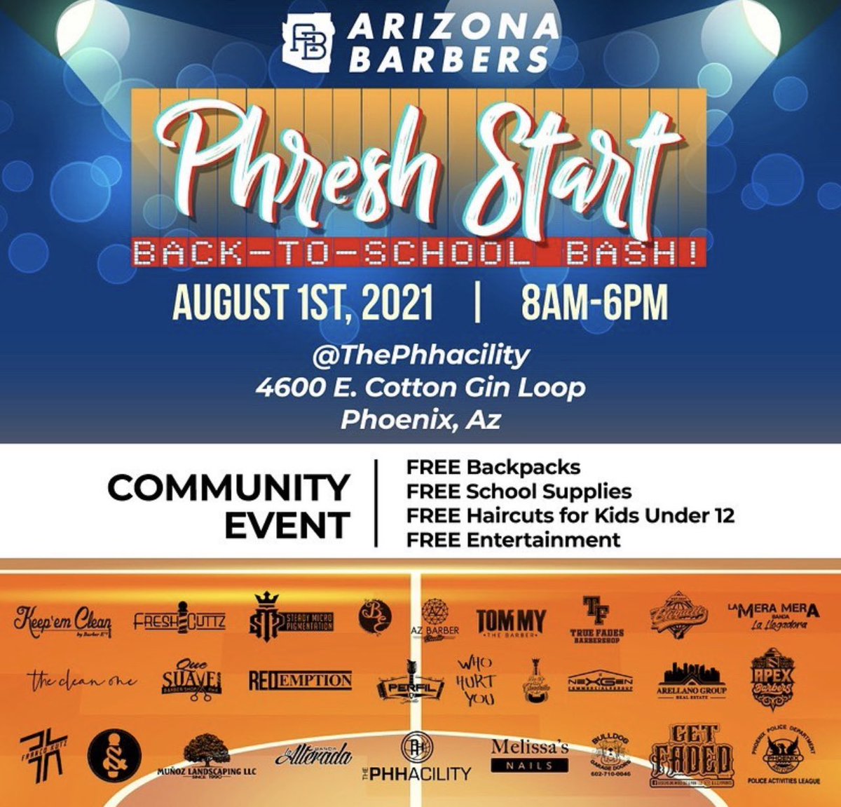 Come By the <a href="/ThePHHacility/">The PHHacility</a> til 6pm Tonight 

PHRESH START 

💈Free Haircuts
🌭 Free Food
🎒 Free Backpacks
✏️ Free School Supplies

Open to EVERYONE 

@TeamCezer @AZSelectGirlsBB <a href="/PHHFire/">PHH PREP Girls Basketball</a> <a href="/areacodes/">AreaCodes Basketball</a> <a href="/CoachDavidGrace/">David Grace</a> <a href="/PhilBeckner/">Phil Beckner</a> <a href="/BeBetterBeDiff/">Be Better. Be Different.</a> <a href="/azcaa_athletics/">CAA PREPS</a>