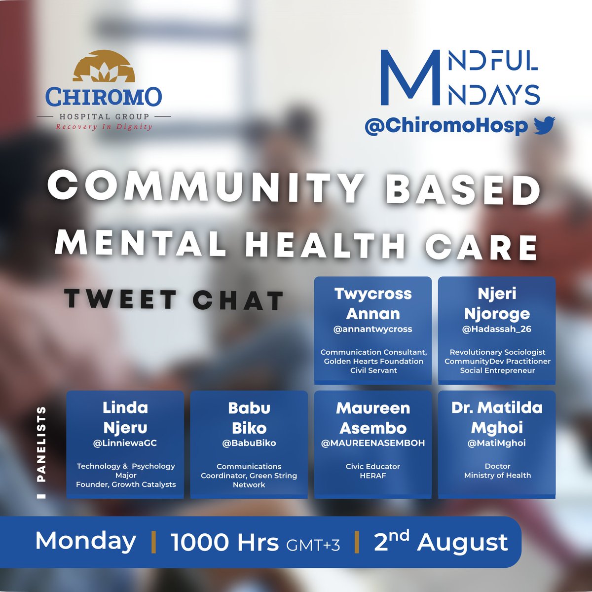 ChiromoHospGrp's tweet photo. Buenos Dias and welcome to #MindfulMondays where we demystify #mentalhealth

Monday mornings are made of something hot and kindness!

Today's topic is: COMMUNITY-BASED MENTAL HEALTHCARE 

@HERAF_Kenya @ElenaNjeru  @Haddassah_26 @BabuBiko @MatiMghoi https://t.co/Eq5AVi89iv