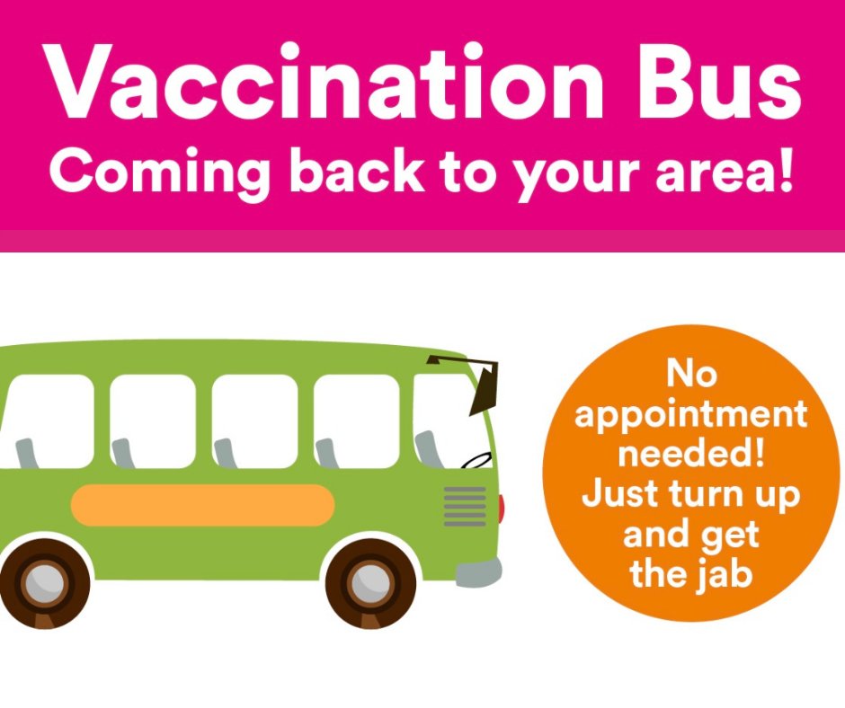 VACCINATION BUS coming back to HASLINGDEN on TUESDAY 3rd August. 

📍Salem St Car Park, Haslingden, BB4 5HT

If you’re local- don’t miss the chance to get jabbed in your area! 💉

1st &amp; 2nd doses of Pfizer available. Just turn up!