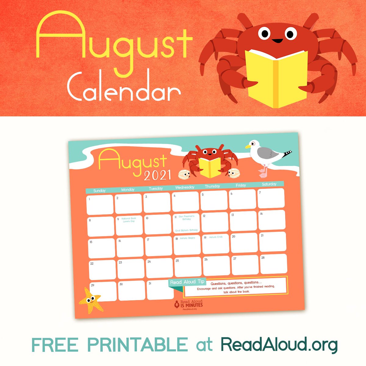 It’s August! ☀️ You can get your monthly calendar at readaloud.org/downloads.html.