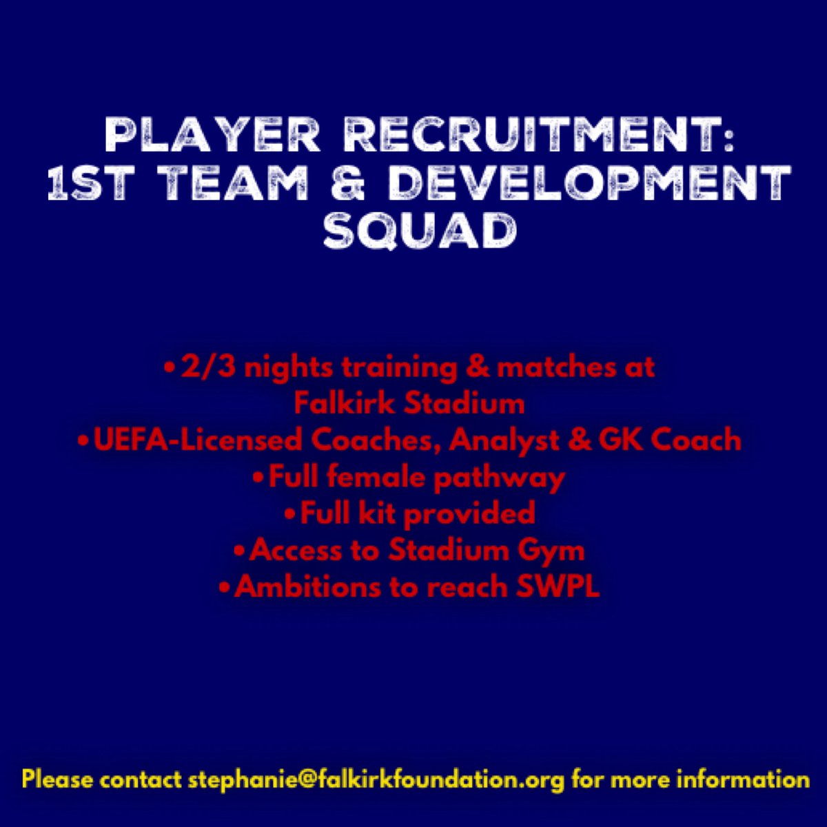 Our 1st Team &amp; Development Team are recruiting players to complete their squads for the upcoming season. With an unrivalled set up in the Forth Valley area, there is no better place for ambitious footballers aged 17+ to achieve their goals. See below for details ⬇️