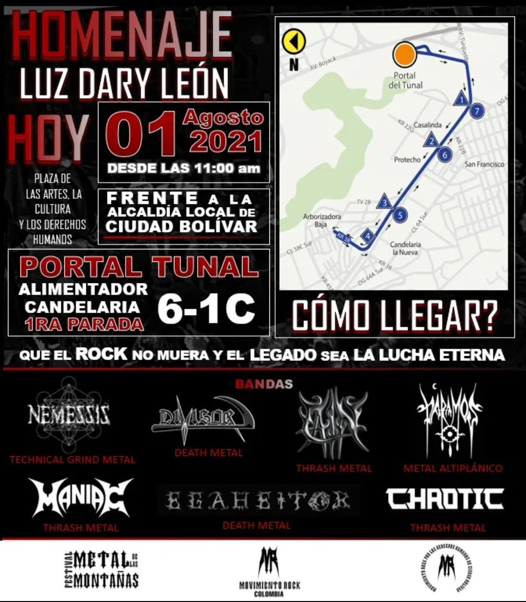 🚨HOY🚨CONCIERTO
🌹 HOMENAJE 🌹 
Luz Dary León - Gestora Cultural de Ciudad Bolívar y Fundadora en el 2002 del Movimiento Rock.
En reconocimiento por su valiosa labor en el fotalecimiento de la Escena Rock y Metal de la localidad.
APORTES NEQUI: 300 4146590.