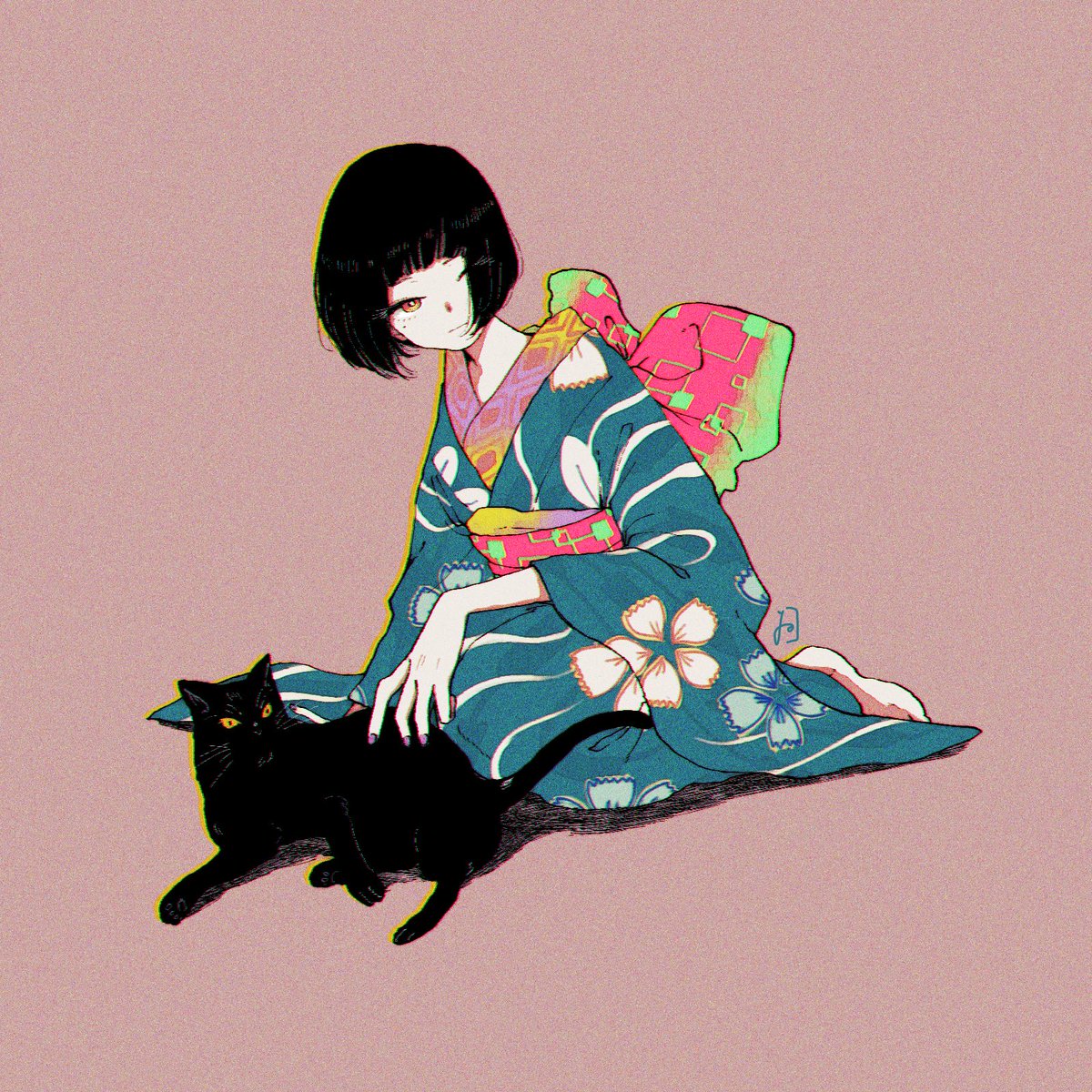 1girl japanese clothes cat kimono black cat black hair mole under eye  illustration images