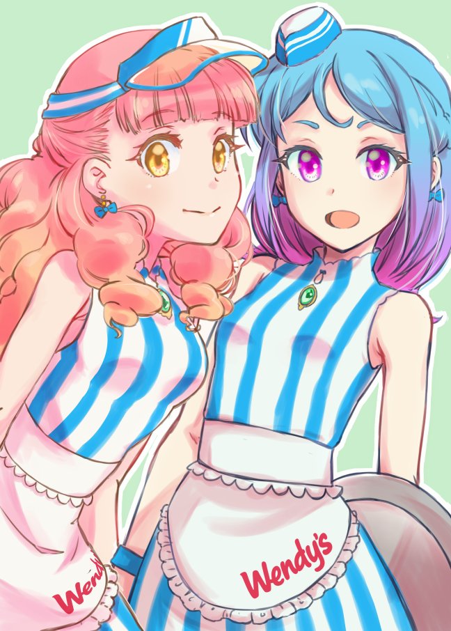 multiple girls 2girls earrings blue hair jewelry visor cap smile  illustration images