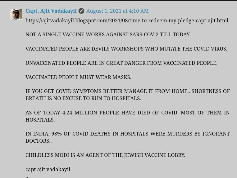 #vadakayilpolls #CovidHelp 

NOT A SINGLE VA¢¢INE WORKS AGAINST SARS-COV-2 TILL TODAY.

VA¢¢INATED PEOPLE ARE DEVILS WORKSHOPS WHO MUTATE THE COVID VIRUS

CHILDLESS MODI @narendramodi IS AN AGENT OF THE J€WlSH VA¢¢INE LOBBY.

ajitvadakayil.blogspot.com/2021/08/time-t…